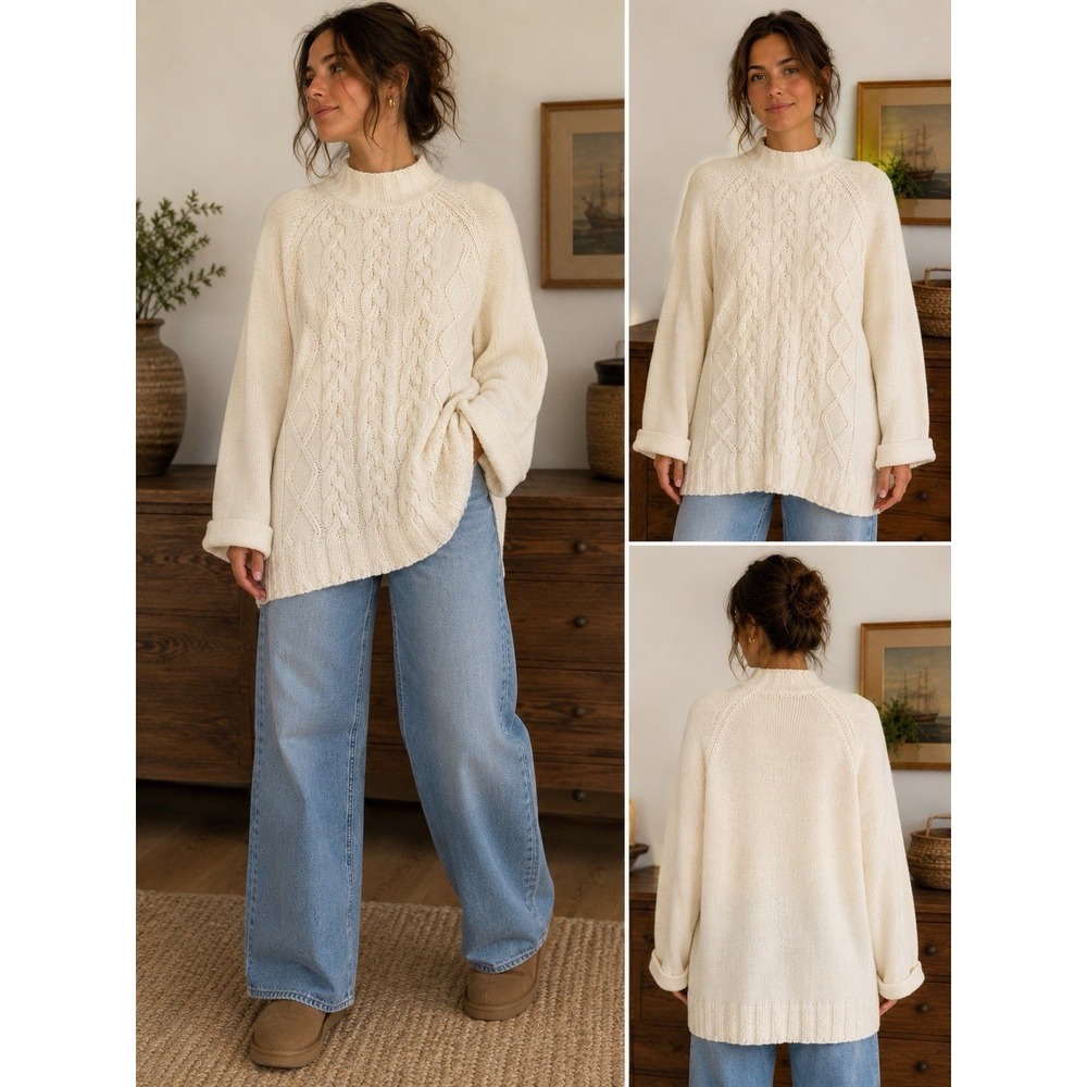 Forenza Cable Knit Turtleneck Sweater Ivory Chunky Cotton Ramie M Fisherman Rory